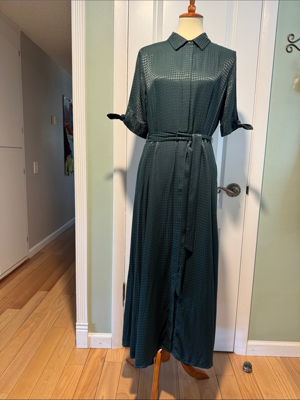 Calvin Klein Dark forest green Maxi Shirt Dress with Waist Tie